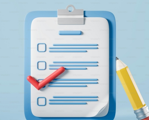 Checklist and notes written on paper, a red tick and cartoon pencil on light blue background. Concept of plans and schedule. 3D rendering