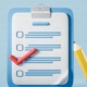 Checklist and notes written on paper, a red tick and cartoon pencil on light blue background. Concept of plans and schedule. 3D rendering