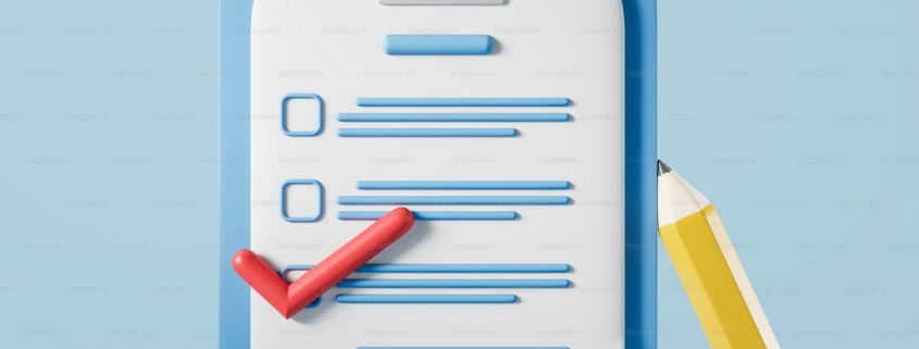 Checklist and notes written on paper, a red tick and cartoon pencil on light blue background. Concept of plans and schedule. 3D rendering